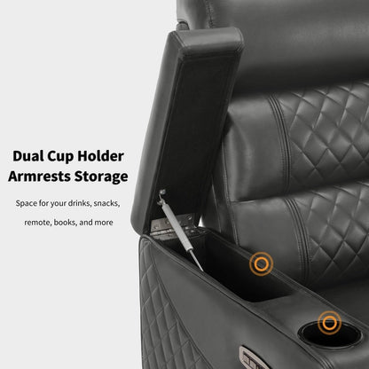 Divano a due posti reclinabile elettricamente MCombo con poggiatesta regolabili, seduta per home theater con braccioli portaoggetti, similpelle HTS470