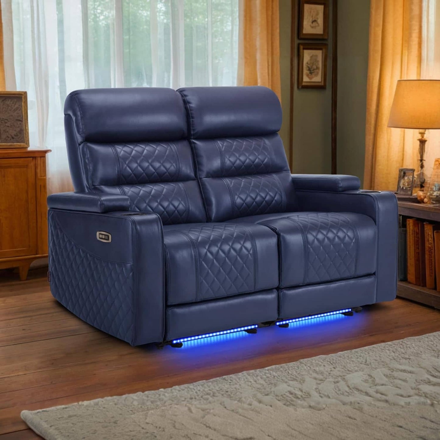 Divano a due posti reclinabile elettricamente MCombo con poggiatesta regolabili, seduta per home theater con braccioli portaoggetti, similpelle HTS470