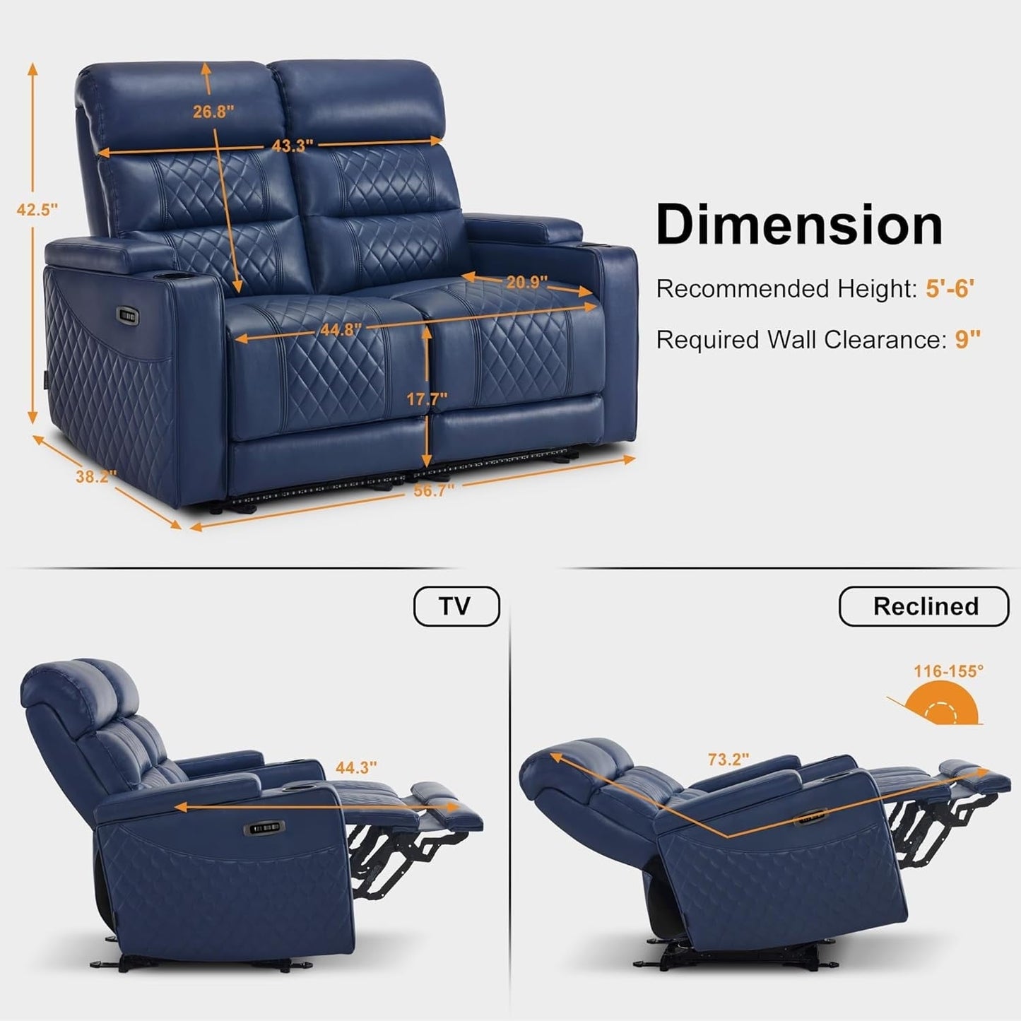 Divano a due posti reclinabile elettricamente MCombo con poggiatesta regolabili, seduta per home theater con braccioli portaoggetti, similpelle HTS470