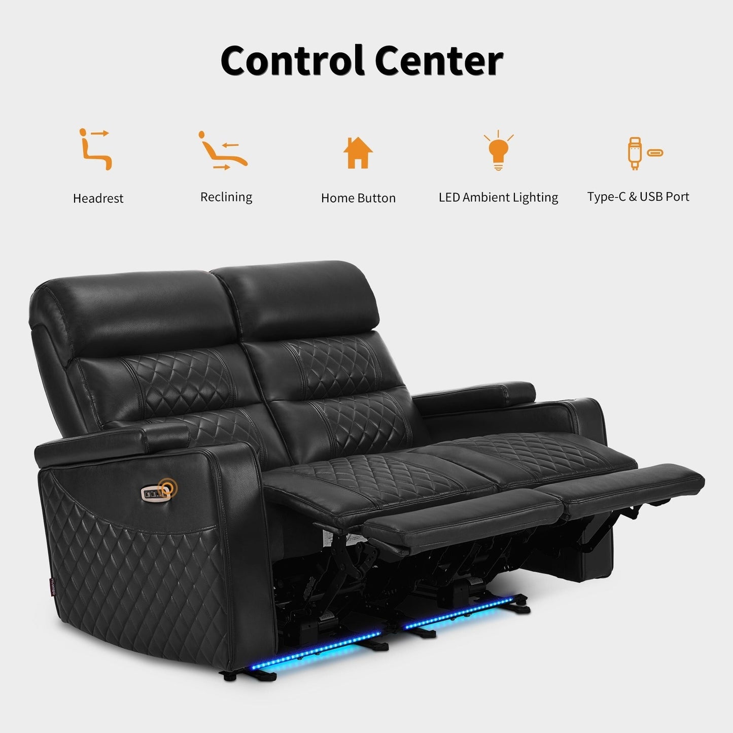 Divano a due posti reclinabile elettricamente MCombo con poggiatesta regolabili, seduta per home theater con braccioli portaoggetti, similpelle HTS470