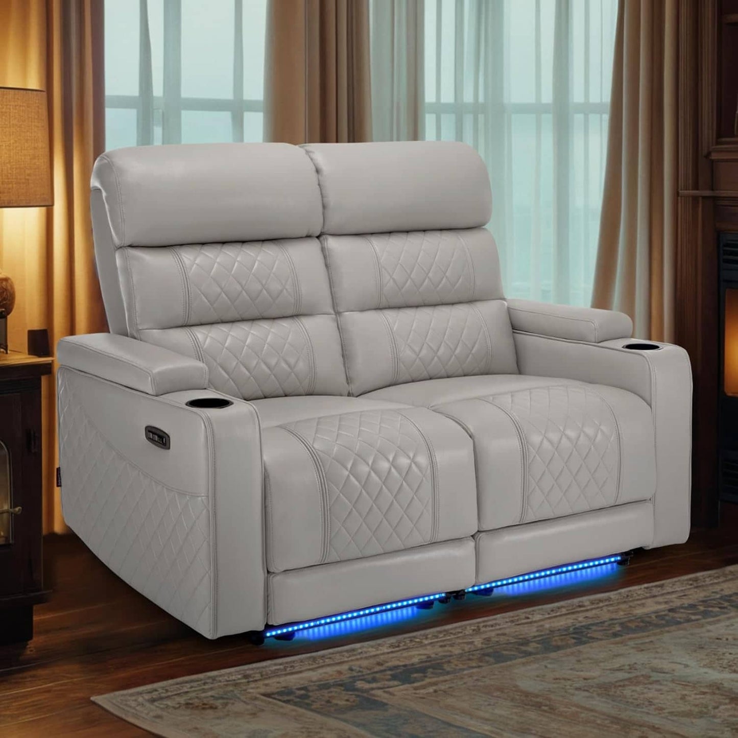 Divano a due posti reclinabile elettricamente MCombo con poggiatesta regolabili, seduta per home theater con braccioli portaoggetti, similpelle HTS470