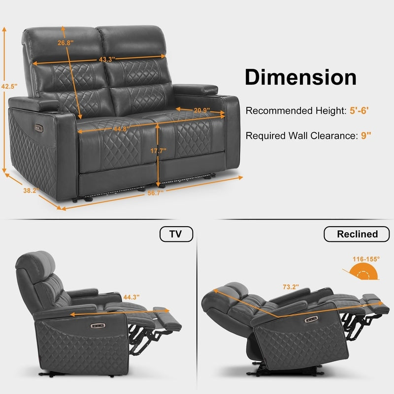 Divano a due posti reclinabile elettricamente MCombo con poggiatesta regolabili, seduta per home theater con braccioli portaoggetti, similpelle HTS470