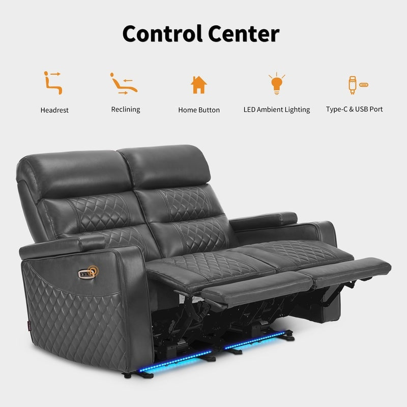 Divano a due posti reclinabile elettricamente MCombo con poggiatesta regolabili, seduta per home theater con braccioli portaoggetti, similpelle HTS470