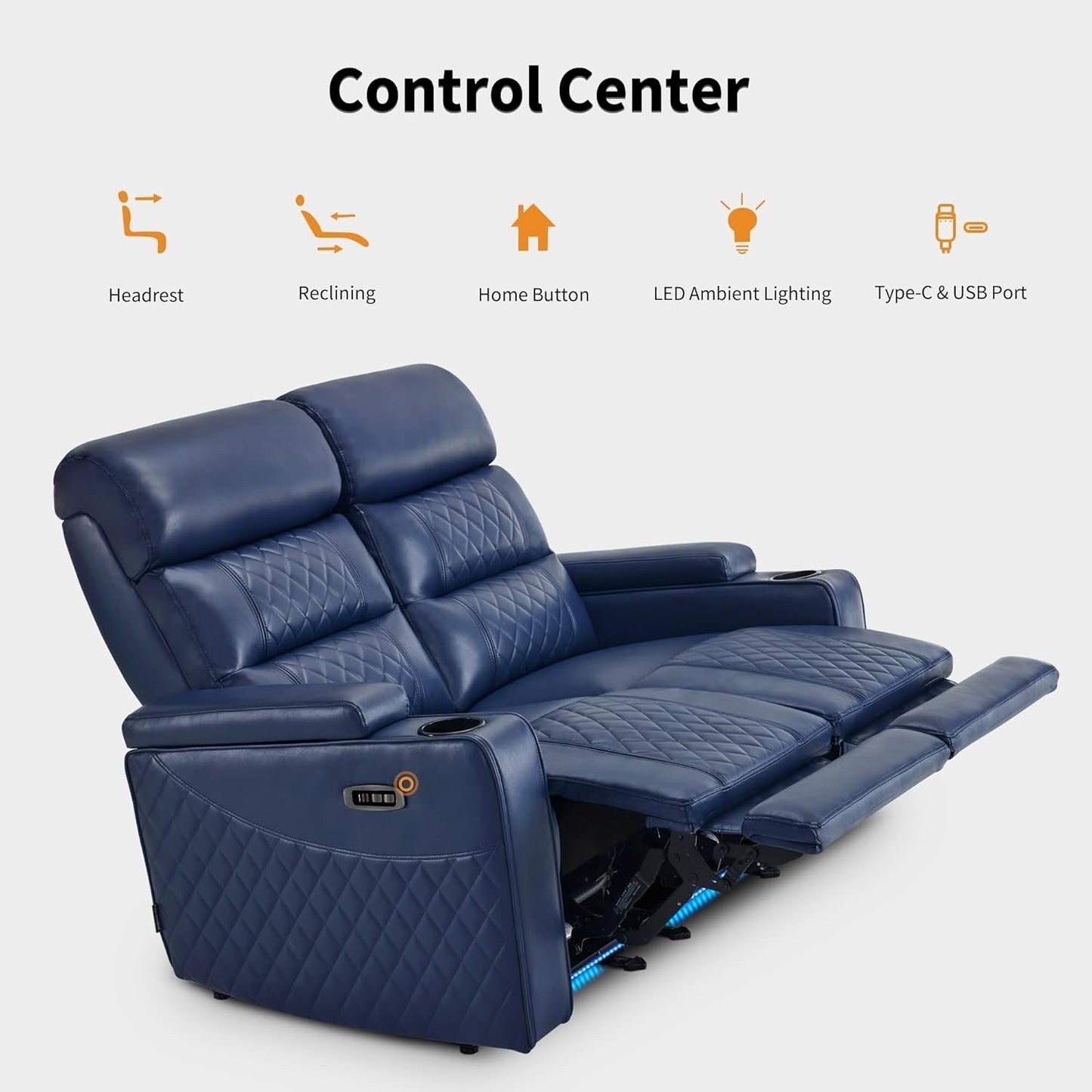 Divano a due posti reclinabile elettricamente MCombo con poggiatesta regolabili, seduta per home theater con braccioli portaoggetti, similpelle HTS470