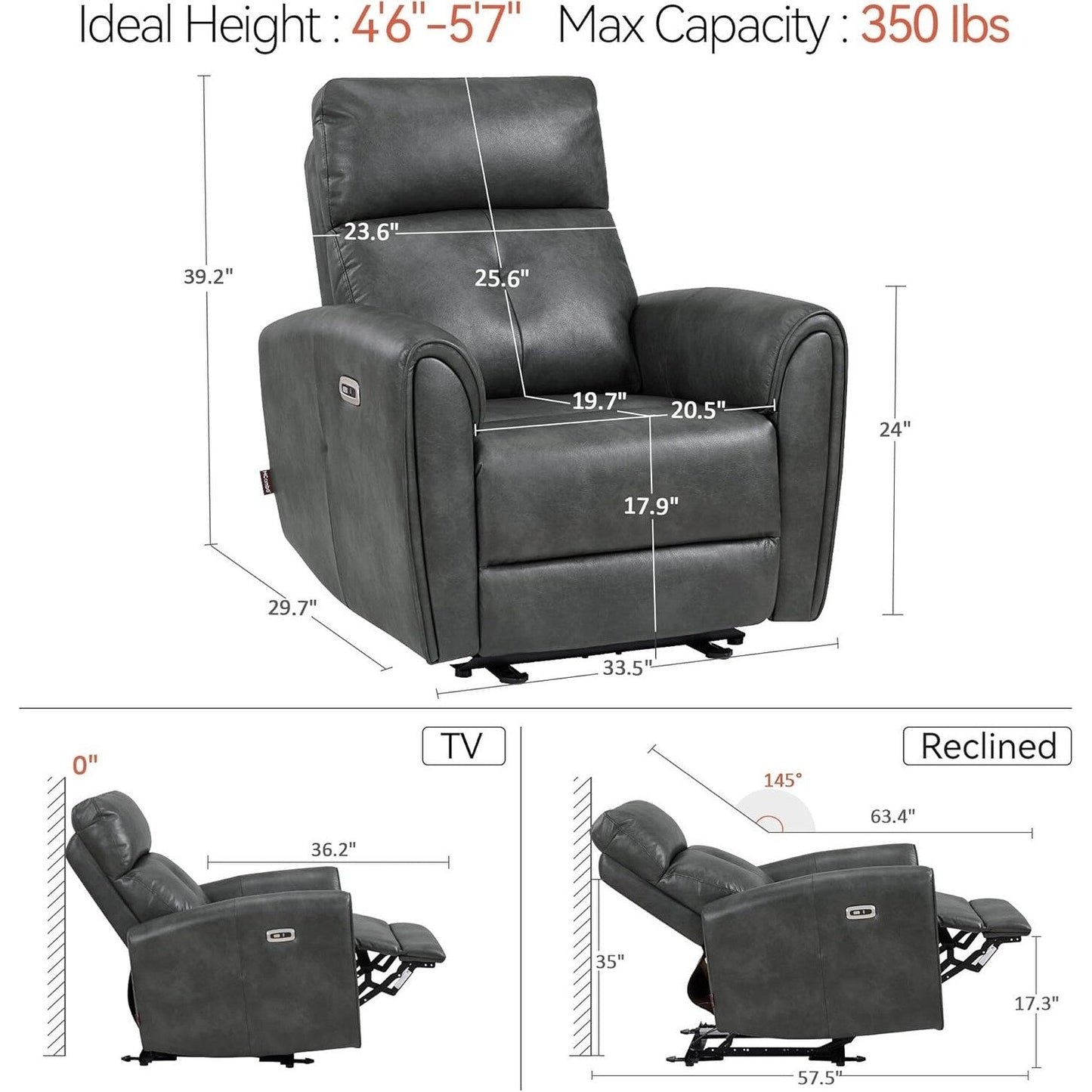 Poltrone reclinabili piccole MCombo Power, moderne poltrone reclinabili Zero Wall Hugger con supporto lombare, porte USB e di ricarica, certificate FSC