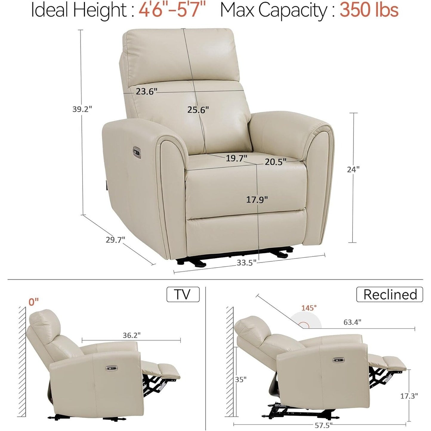 Poltrone reclinabili piccole MCombo Power, moderne poltrone reclinabili Zero Wall Hugger con supporto lombare, porte USB e di ricarica, certificate FSC