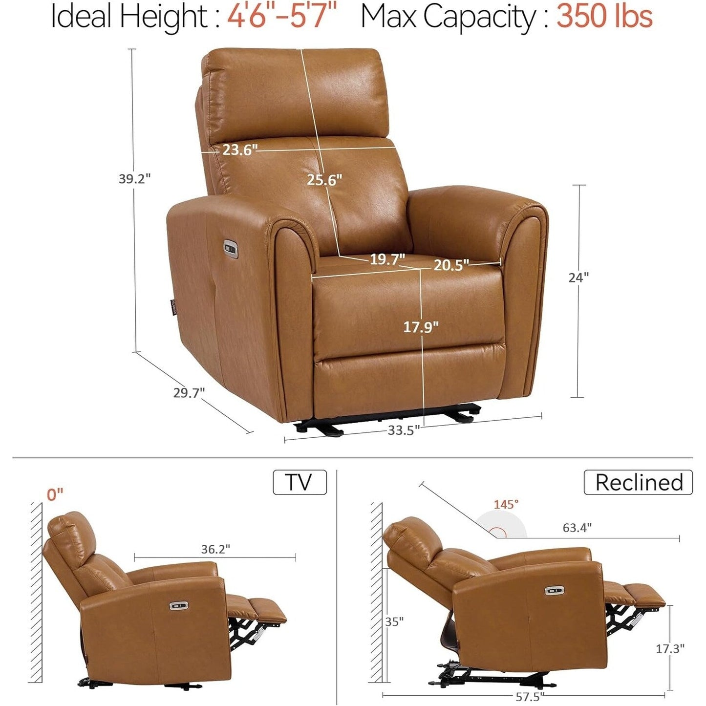 Poltrone reclinabili piccole MCombo Power, moderne poltrone reclinabili Zero Wall Hugger con supporto lombare, porte USB e di ricarica, certificate FSC