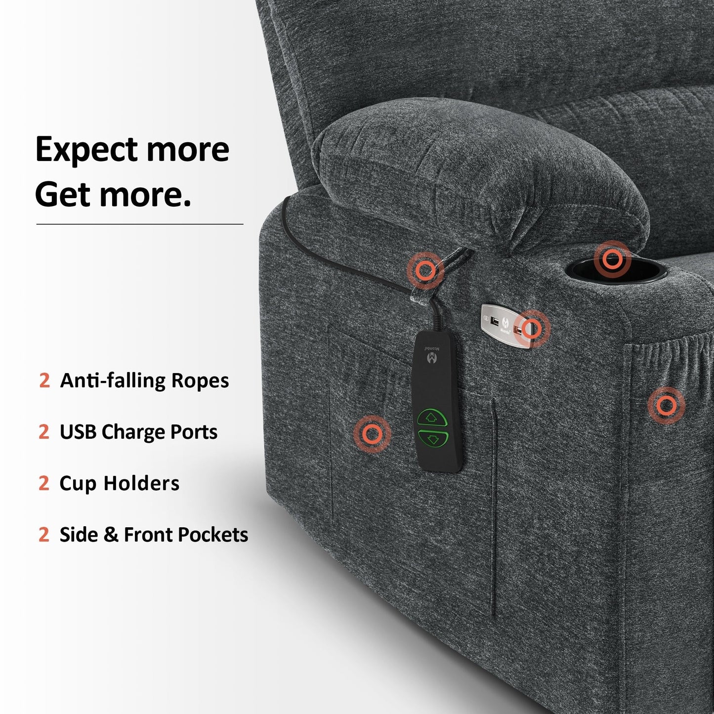 Poltrona reclinabile MCombo con massaggio e calore per anziani di corporatura robusta, tessuto R7093 (piccola-larga)