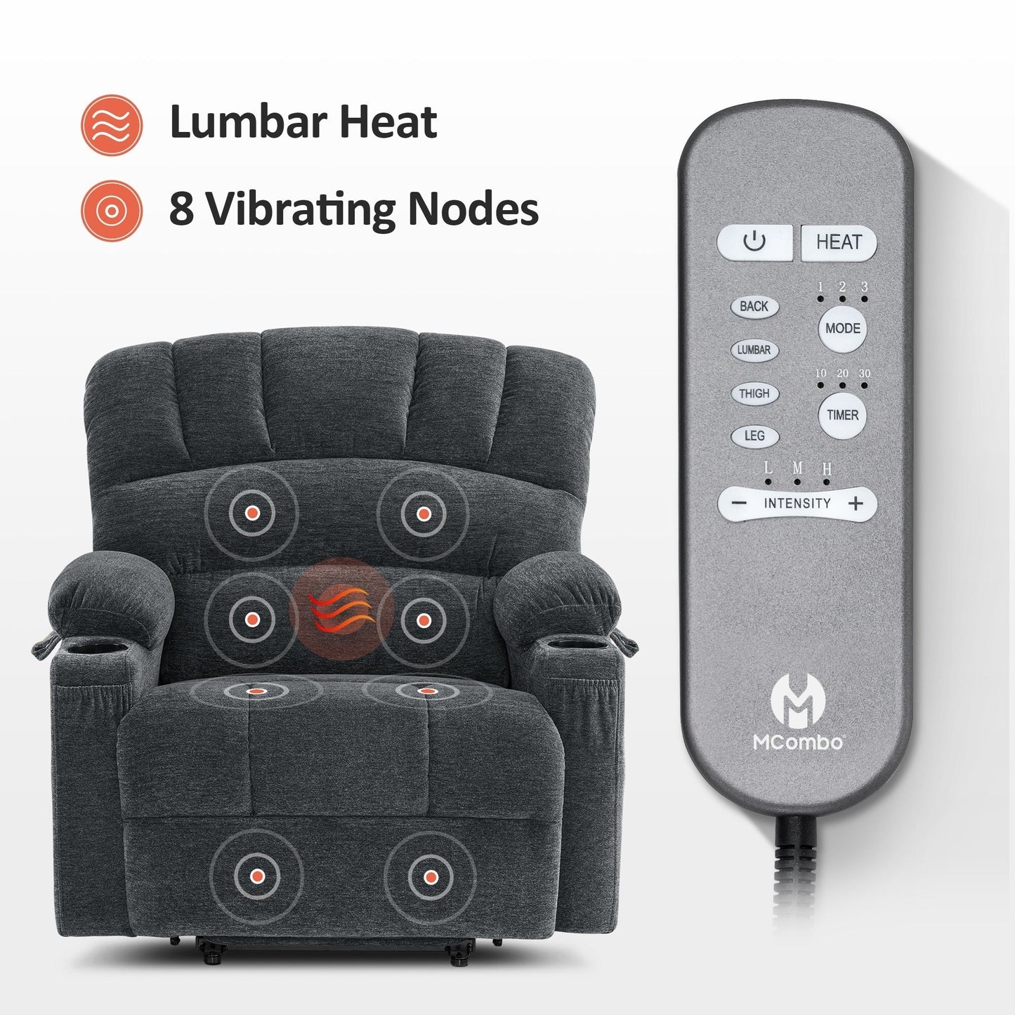 Poltrona reclinabile MCombo con massaggio e calore per anziani di corporatura robusta, tessuto R7093 (piccola-larga)