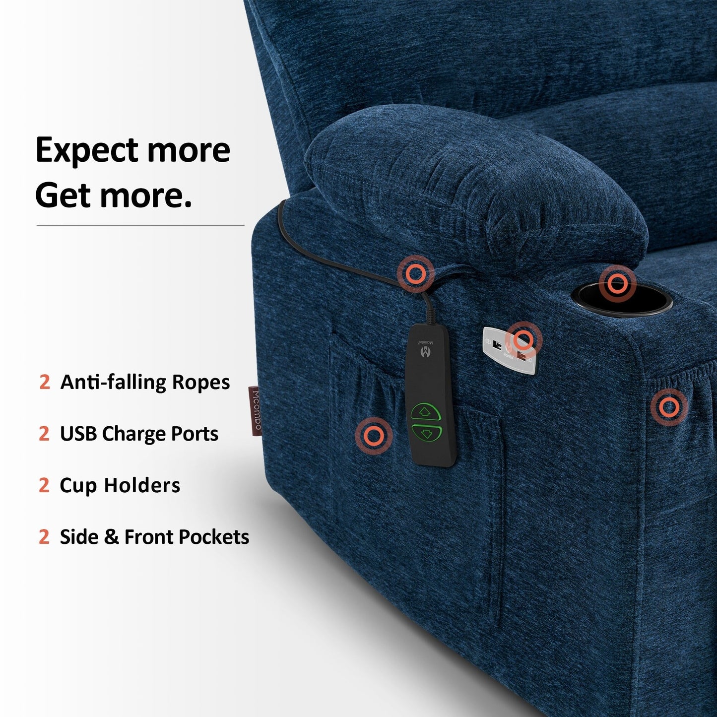 Poltrona reclinabile MCombo con massaggio e calore per anziani di corporatura robusta, tessuto R7093 (piccola-larga)