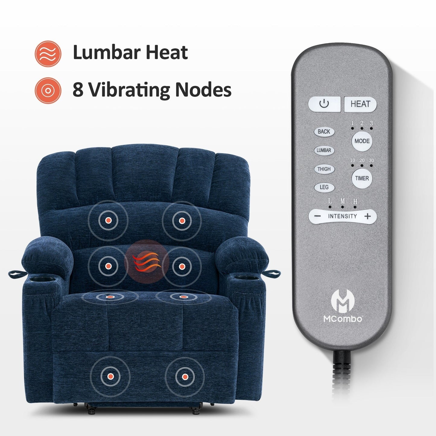 Poltrona reclinabile MCombo con massaggio e calore per anziani di corporatura robusta, tessuto R7093 (piccola-larga)