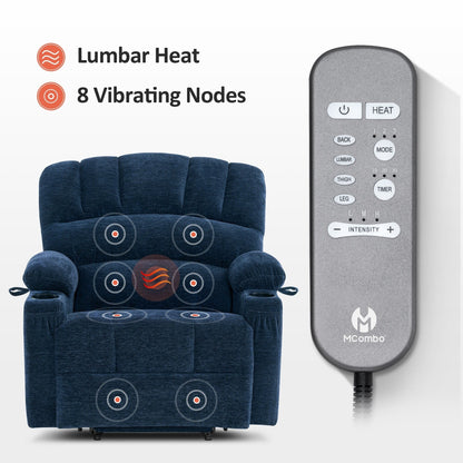 Poltrona reclinabile MCombo con massaggio e calore per anziani di corporatura robusta, tessuto R7093 (piccola-larga)