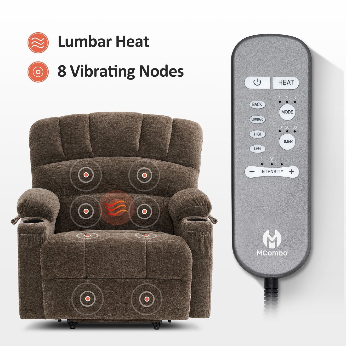 Poltrona reclinabile MCombo con massaggio e calore per anziani di corporatura robusta, tessuto R7093 (piccola-larga)
