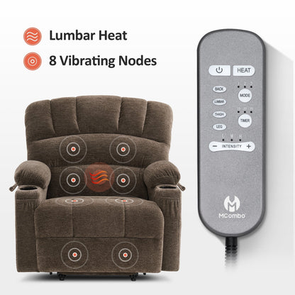 Poltrona reclinabile MCombo con massaggio e calore per anziani di corporatura robusta, tessuto R7093 (piccola-larga)