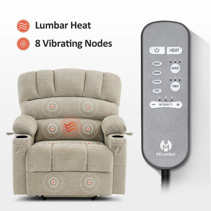 Poltrona reclinabile MCombo con massaggio e calore per anziani di corporatura robusta, tessuto R7093 (piccola-larga)