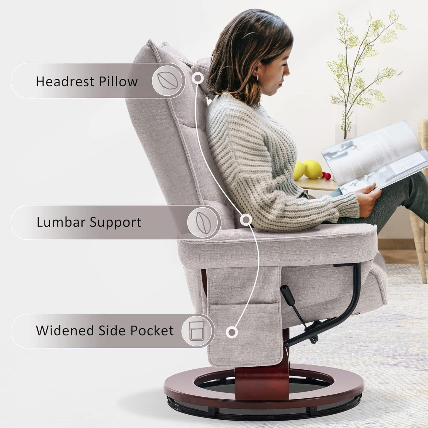 MCombo Set di 2 poltrone reclinabili girevoli con pouf e cuscino per il collo, tessuto in ciniglia