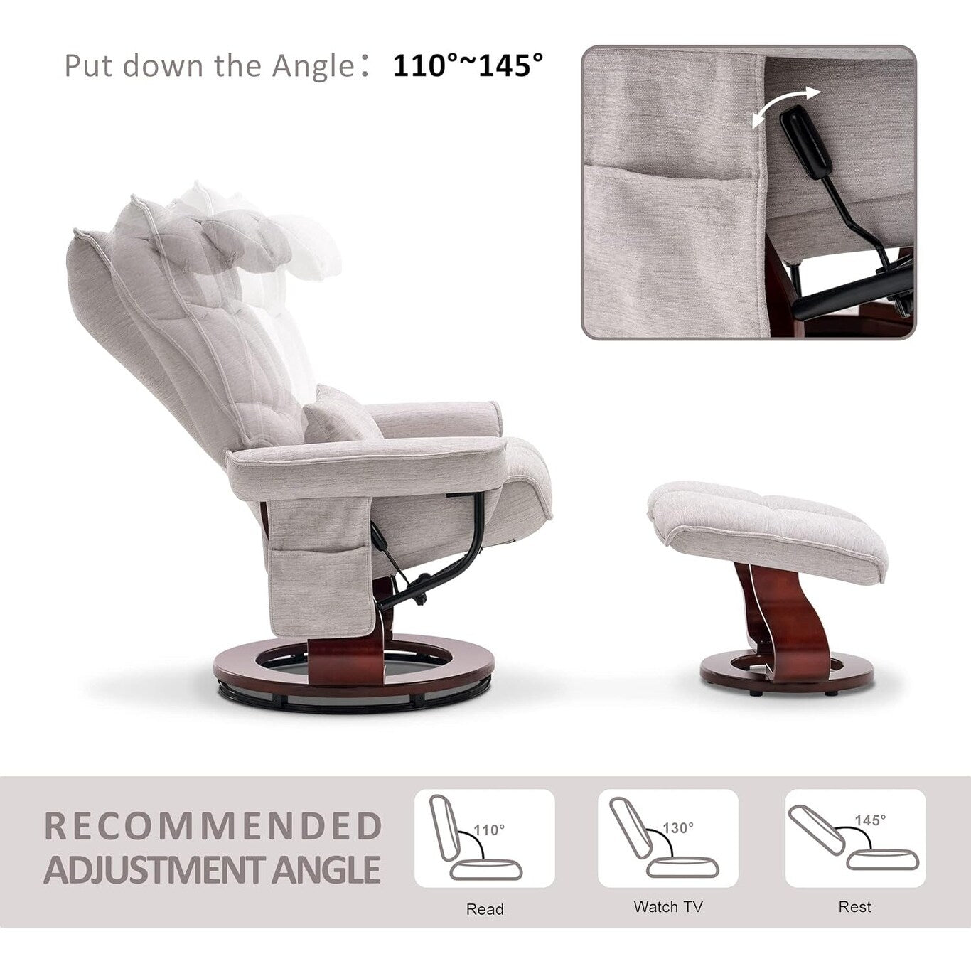 MCombo Set di 2 poltrone reclinabili girevoli con pouf e cuscino per il collo, tessuto in ciniglia