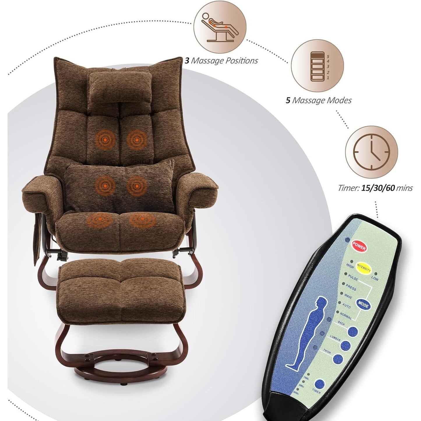 MCombo Set di 2 poltrone reclinabili girevoli con pouf e cuscino per il collo, tessuto in ciniglia