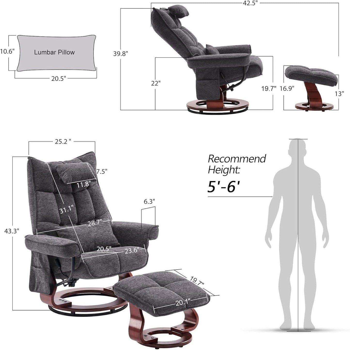 MCombo Set di 2 poltrone reclinabili girevoli con pouf e cuscino per il collo, tessuto in ciniglia