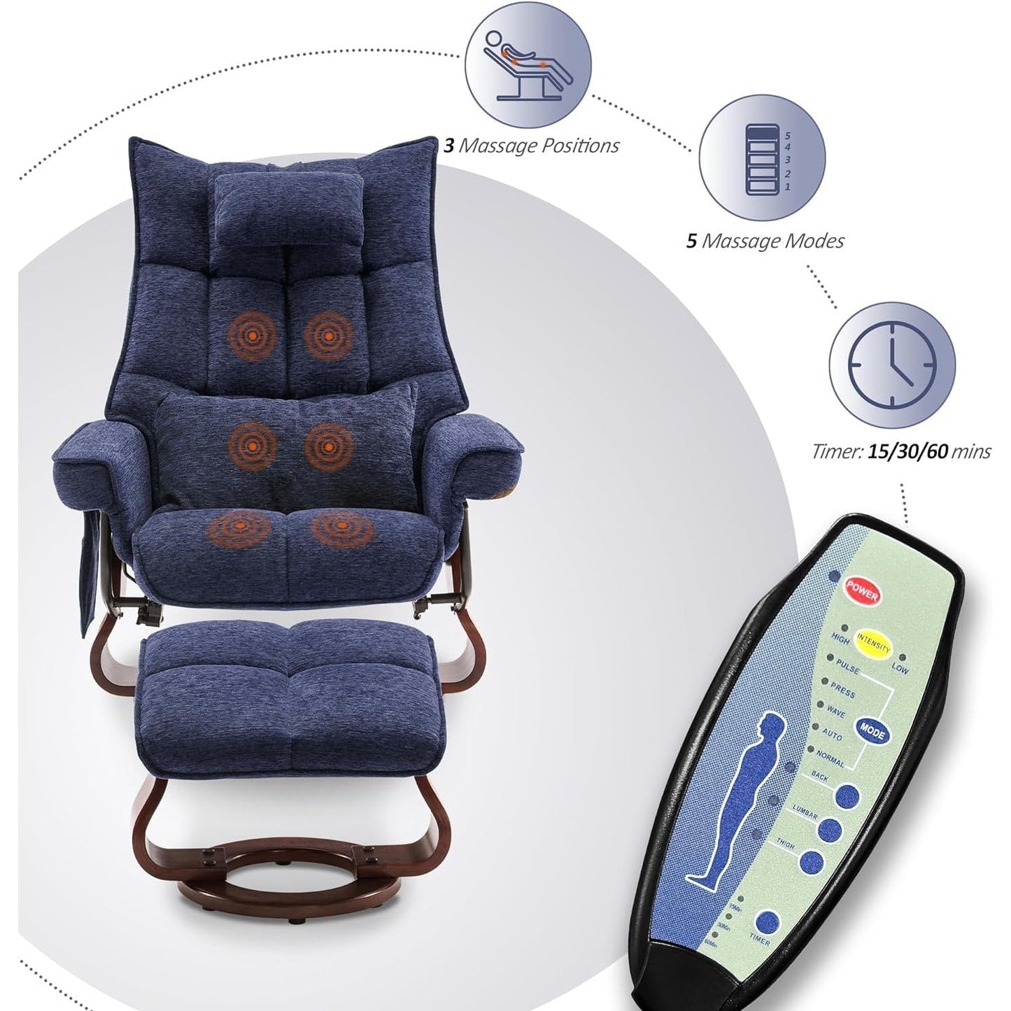 MCombo Set di 2 poltrone reclinabili girevoli con pouf e cuscino per il collo, tessuto in ciniglia