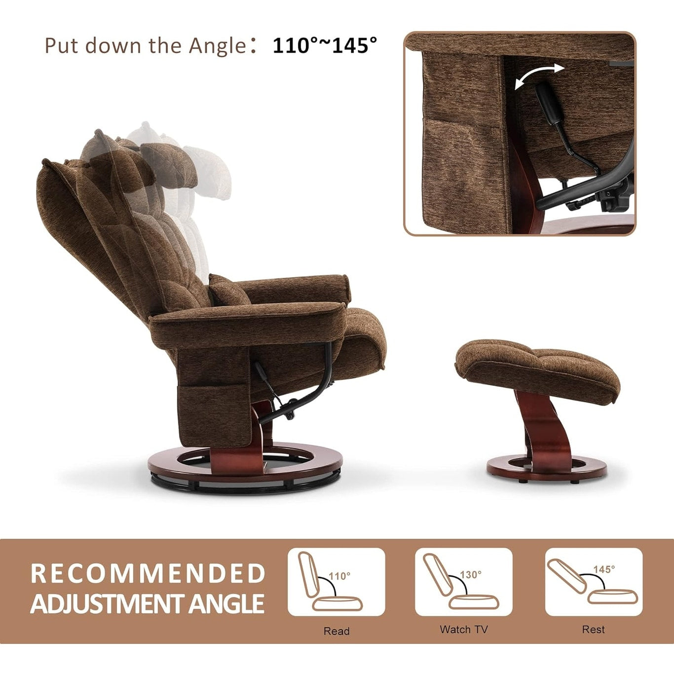 MCombo Set di 2 poltrone reclinabili girevoli con pouf e cuscino per il collo, tessuto in ciniglia