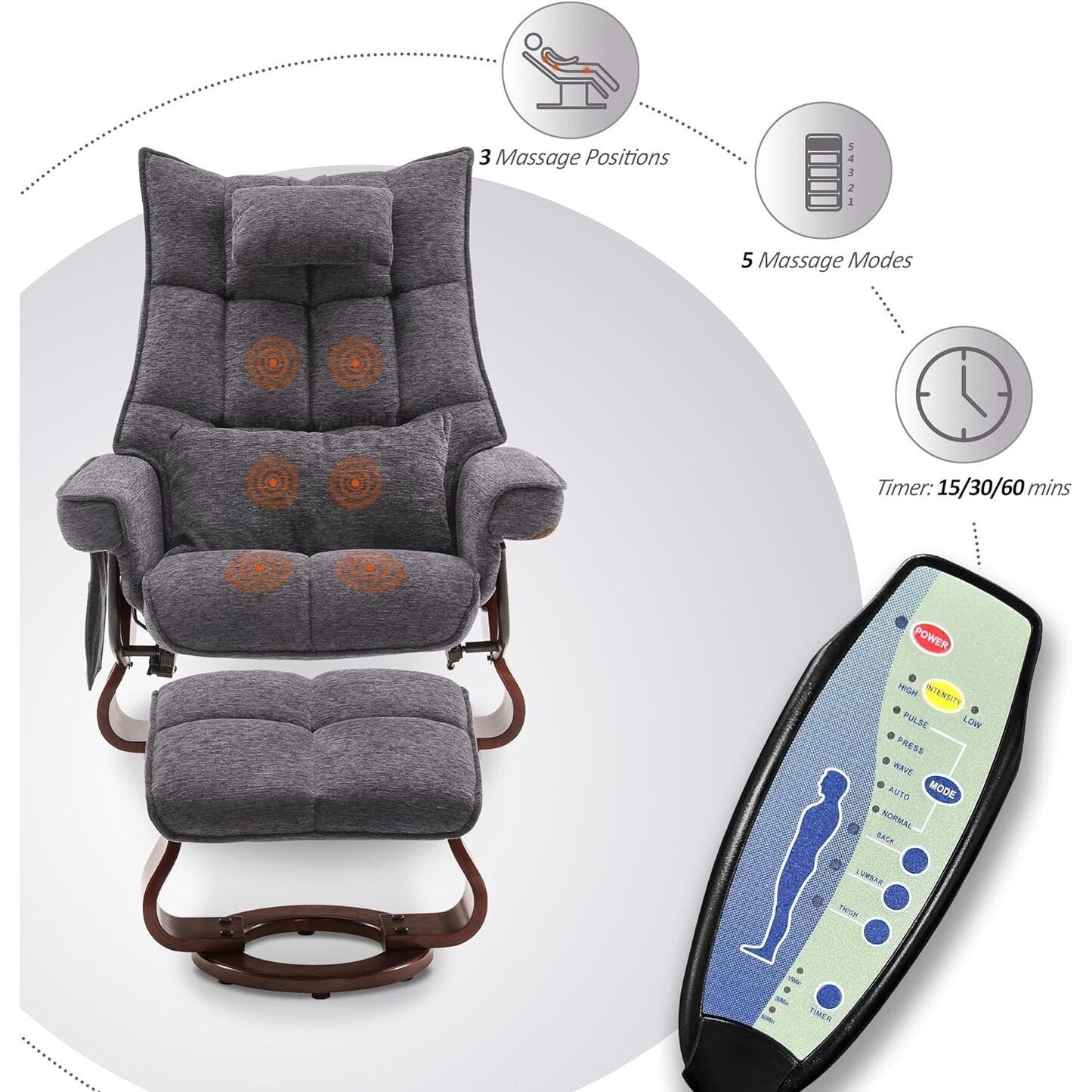 MCombo Set di 2 poltrone reclinabili girevoli con pouf e cuscino per il collo, tessuto in ciniglia