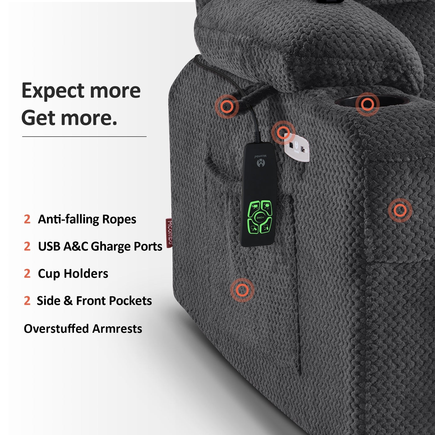 Poltrona reclinabile elettrica MCombo Small con doppio motore, massaggio e calore, posizione infinita, porte USB, tessuto 7893