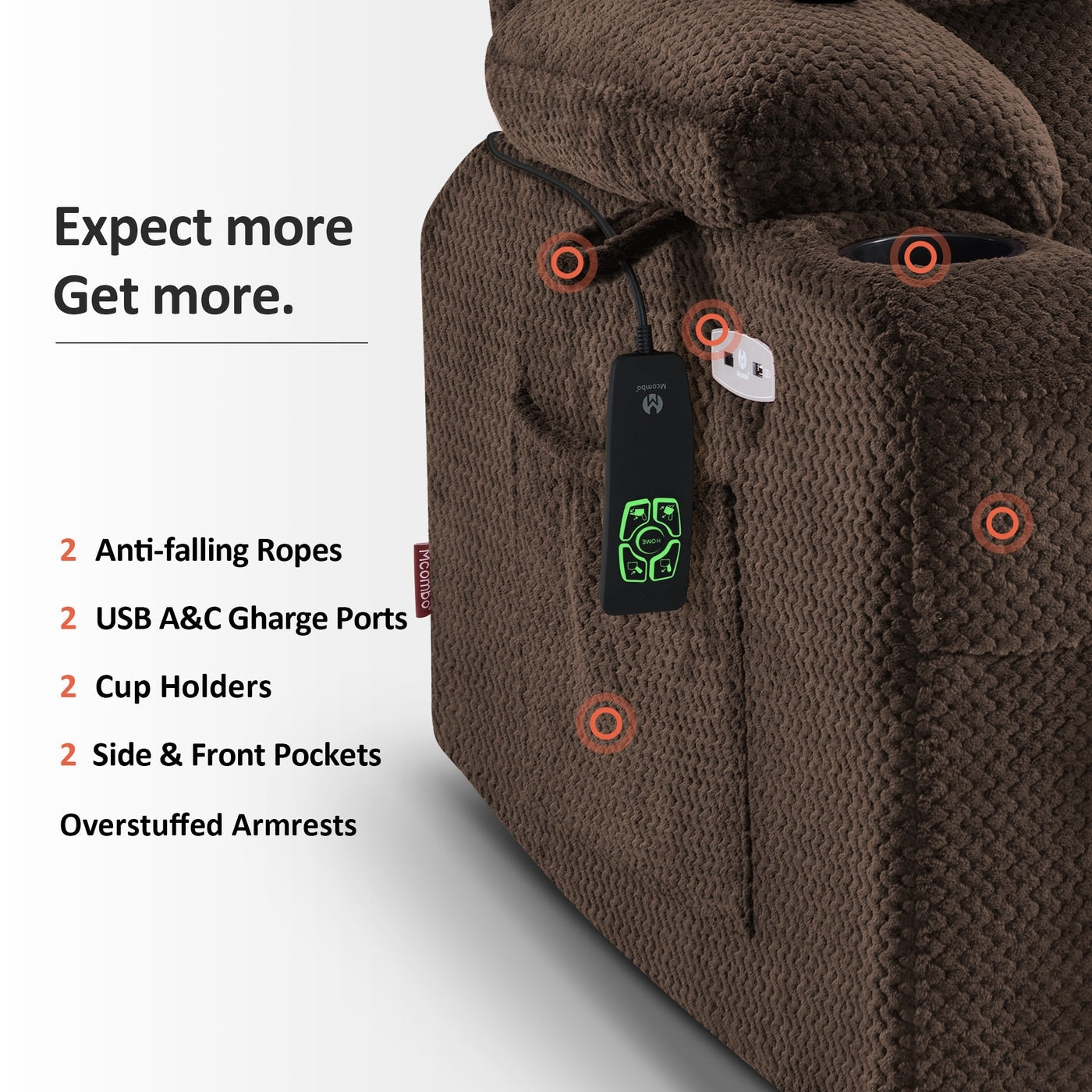 Poltrona reclinabile elettrica MCombo Small con doppio motore, massaggio e calore, posizione infinita, porte USB, tessuto 7893