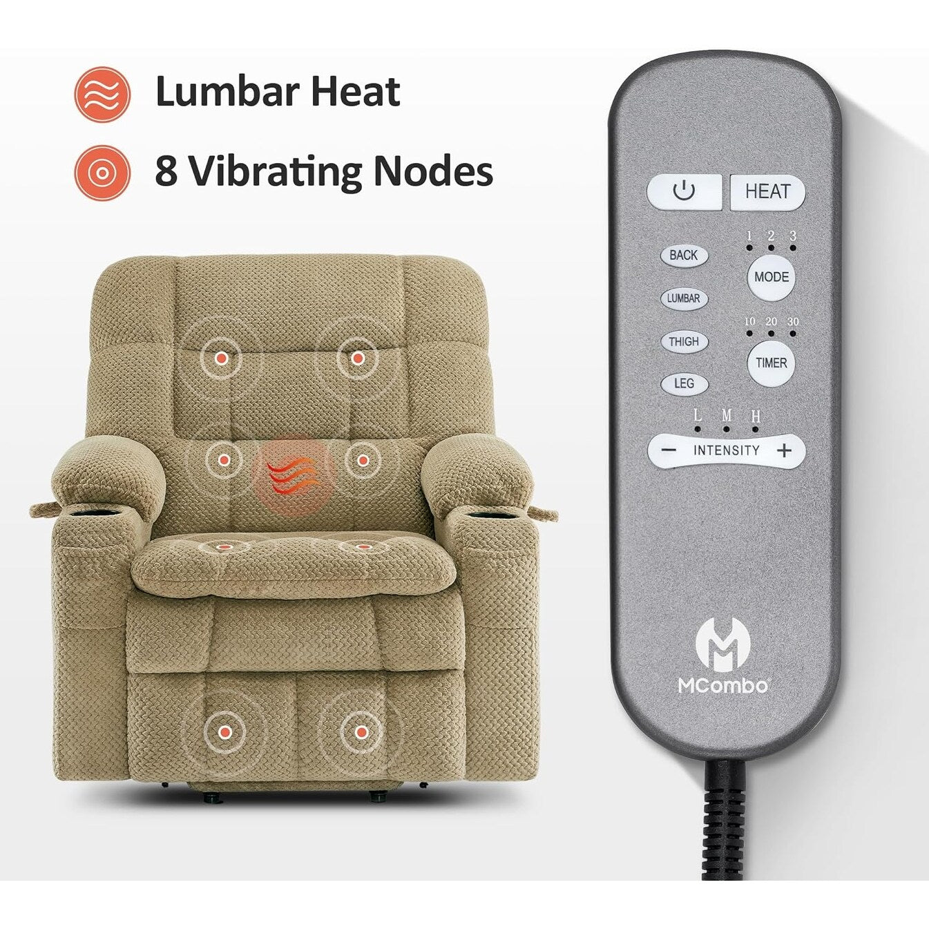 Poltrona reclinabile elettrica MCombo a doppio motore con massaggio e calore, posizione infinita, tessuto R7894 (piccola-larga)