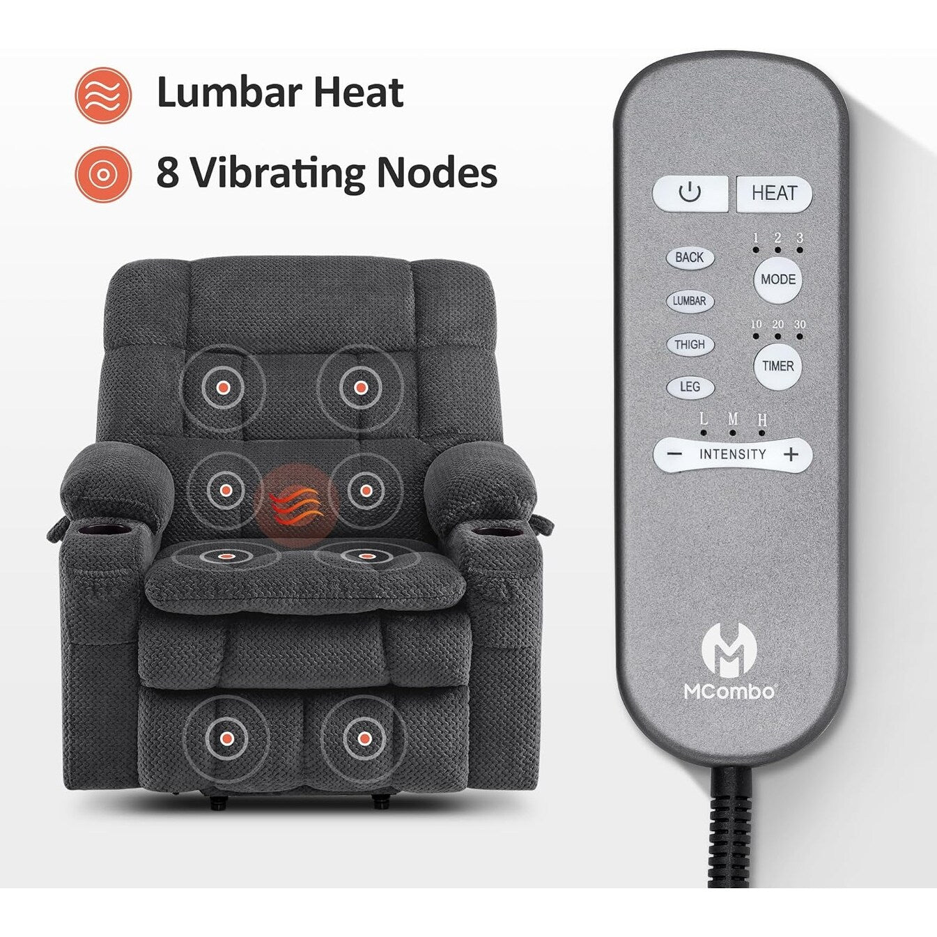 Poltrona reclinabile elettrica MCombo a doppio motore con massaggio e calore, posizione infinita, tessuto R7894 (piccola-larga)