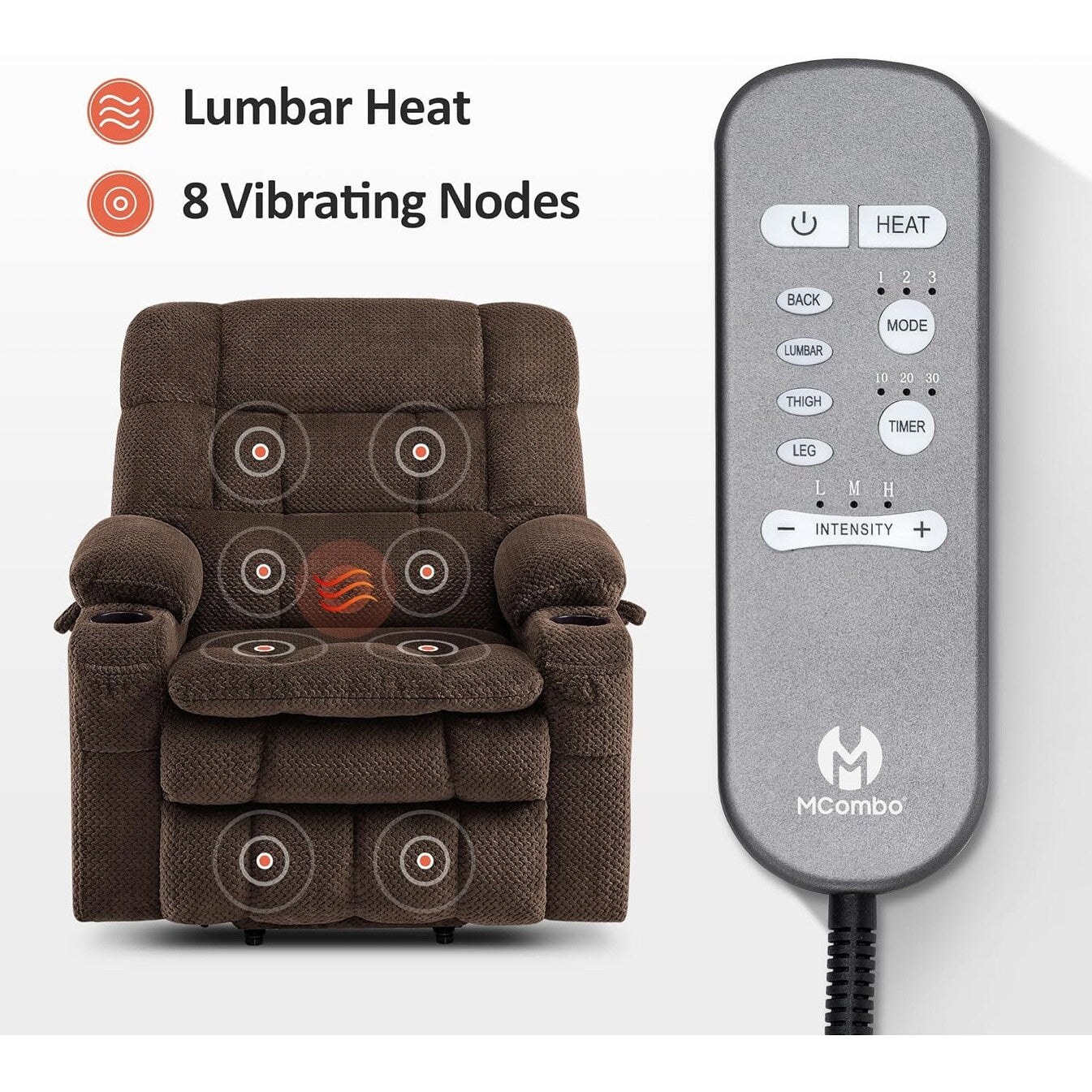 Poltrona reclinabile elettrica MCombo a doppio motore con massaggio e calore, posizione infinita, tessuto R7894 (piccola-larga)