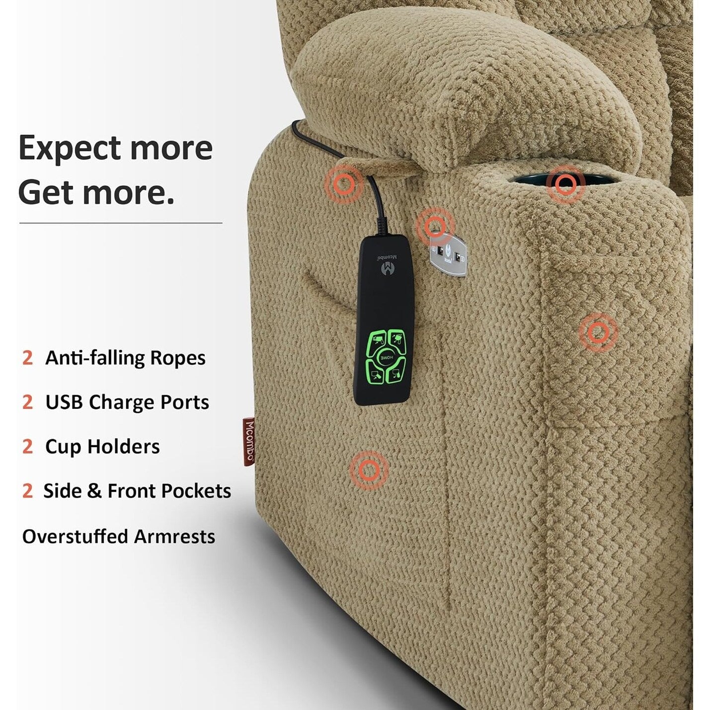 Poltrona reclinabile elettrica MCombo a doppio motore con massaggio e calore, posizione infinita, tessuto R7894 (piccola-larga)