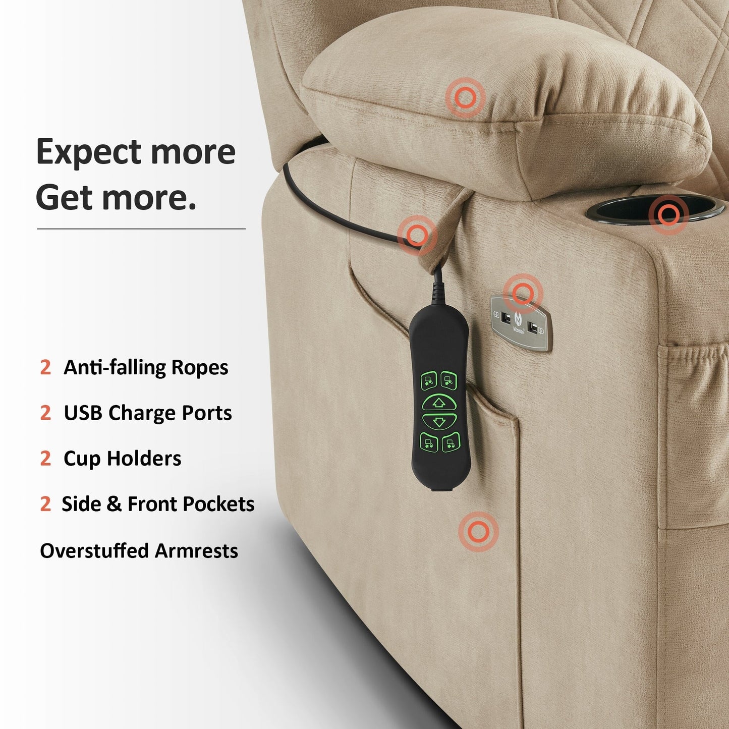 Poltrona reclinabile elettrica MCombo Small con doppio motore, massaggio, doppio riscaldamento, poggiatesta regolabile, tessuto 7222