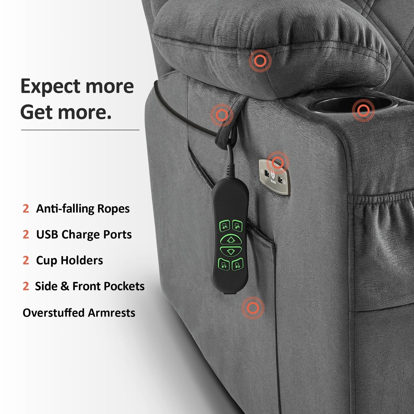 Poltrona reclinabile elettrica MCombo Small con doppio motore, massaggio, doppio riscaldamento, poggiatesta regolabile, tessuto 7222