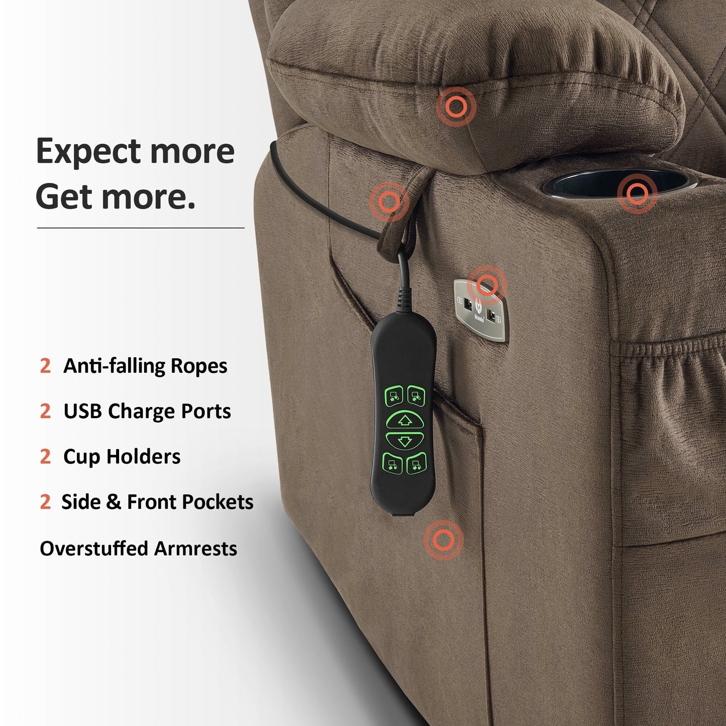 Poltrona reclinabile elettrica MCombo Small con doppio motore, massaggio, doppio riscaldamento, poggiatesta regolabile, tessuto 7222