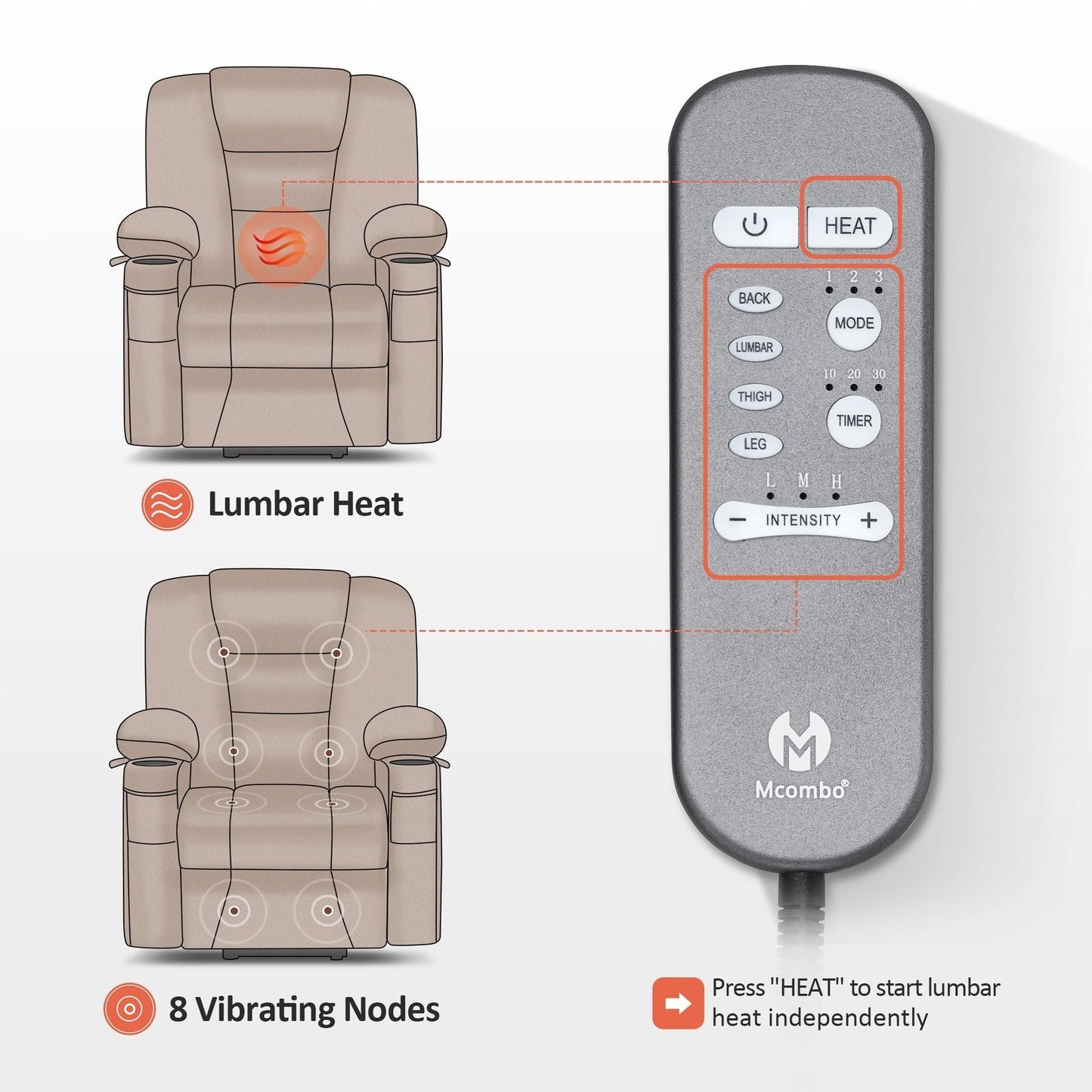 Poltrona reclinabile elettrica MCombo Small con massaggio e calore per anziani bassi, in similpelle 7569