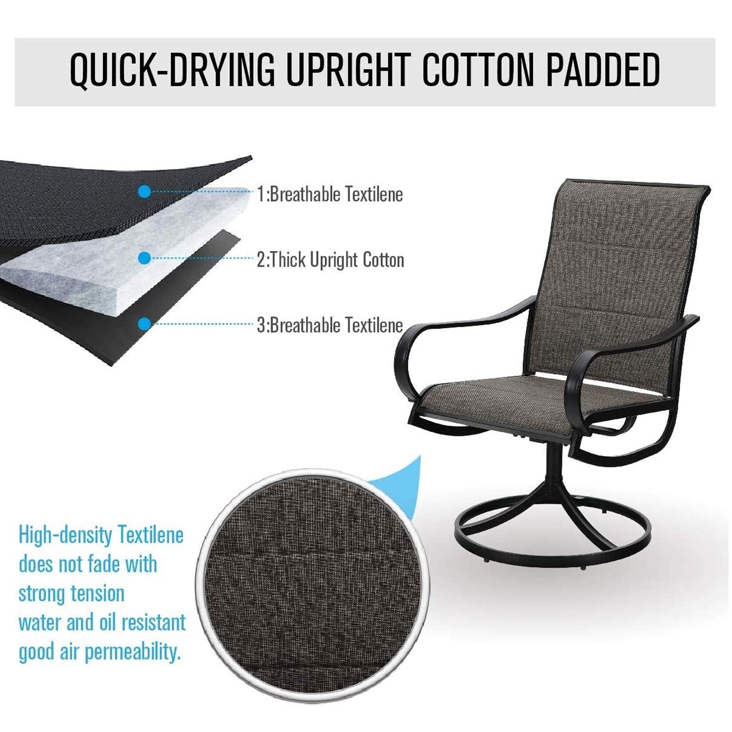 Set da pranzo per esterni da 5 pezzi, 4 sedie girevoli imbottite in schiuma ad asciugatura rapida e 44 tavoli rotondi in metallo effetto legno