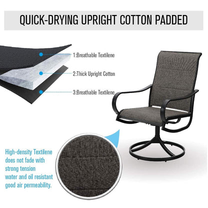 Set da pranzo per esterni da 5 pezzi, 4 sedie girevoli imbottite in schiuma ad asciugatura rapida e 44 tavoli rotondi in metallo effetto legno