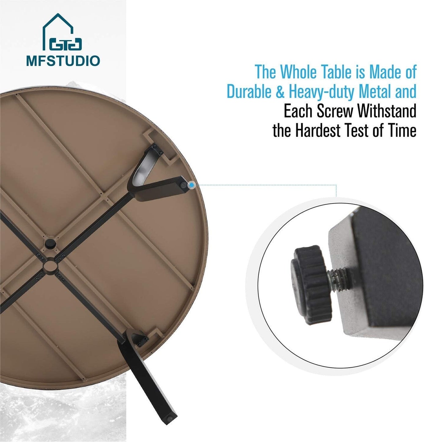 Set da pranzo per esterni da 5 pezzi, 4 sedie girevoli imbottite in schiuma ad asciugatura rapida e 44 tavoli rotondi in metallo effetto legno