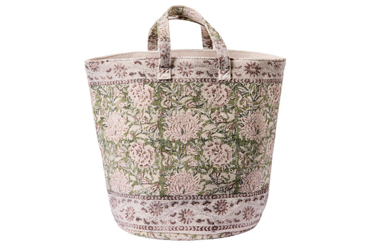 Sampai - Borsa Cesta Con Manici Fantasia Fiori Verdi Stampa Bl