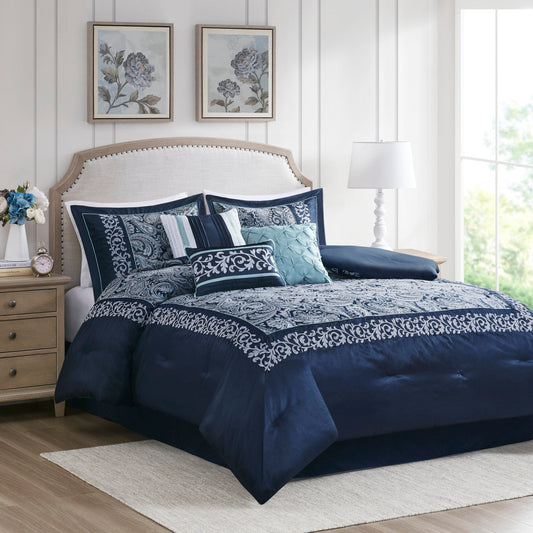Set copripiumino jacquard Madison Park Elaine Navy da 7 pezzi