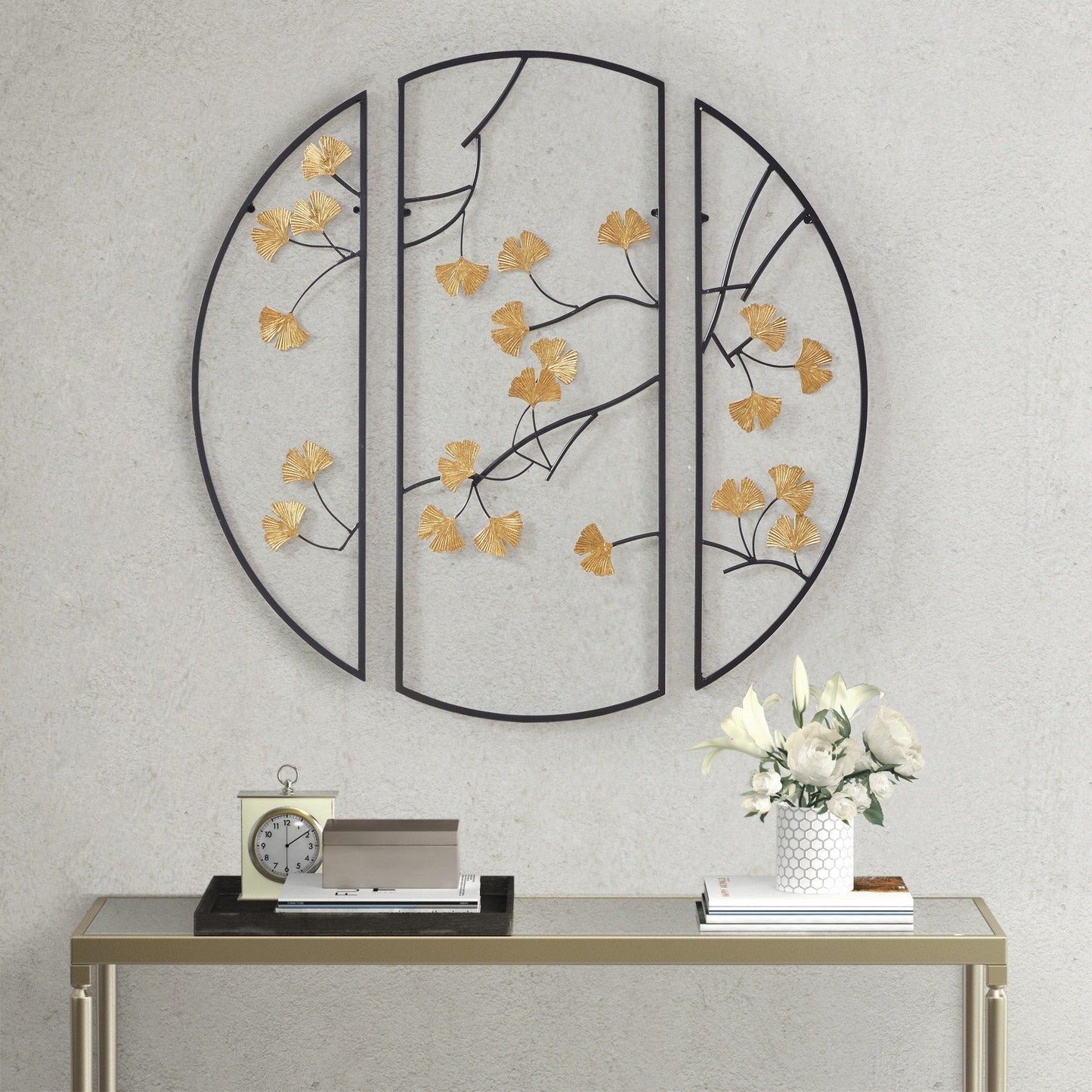 Set di decorazioni da parete in metallo da 3 pezzi con foglie di ginkgo dorato Madison Park