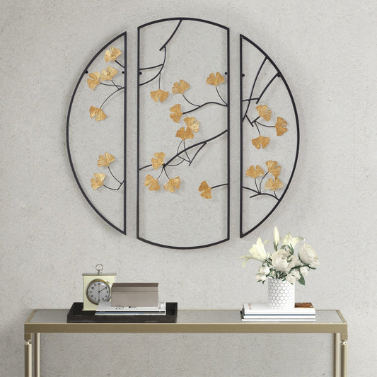 Set di decorazioni da parete in metallo da 3 pezzi con foglie di ginkgo dorato Madison Park