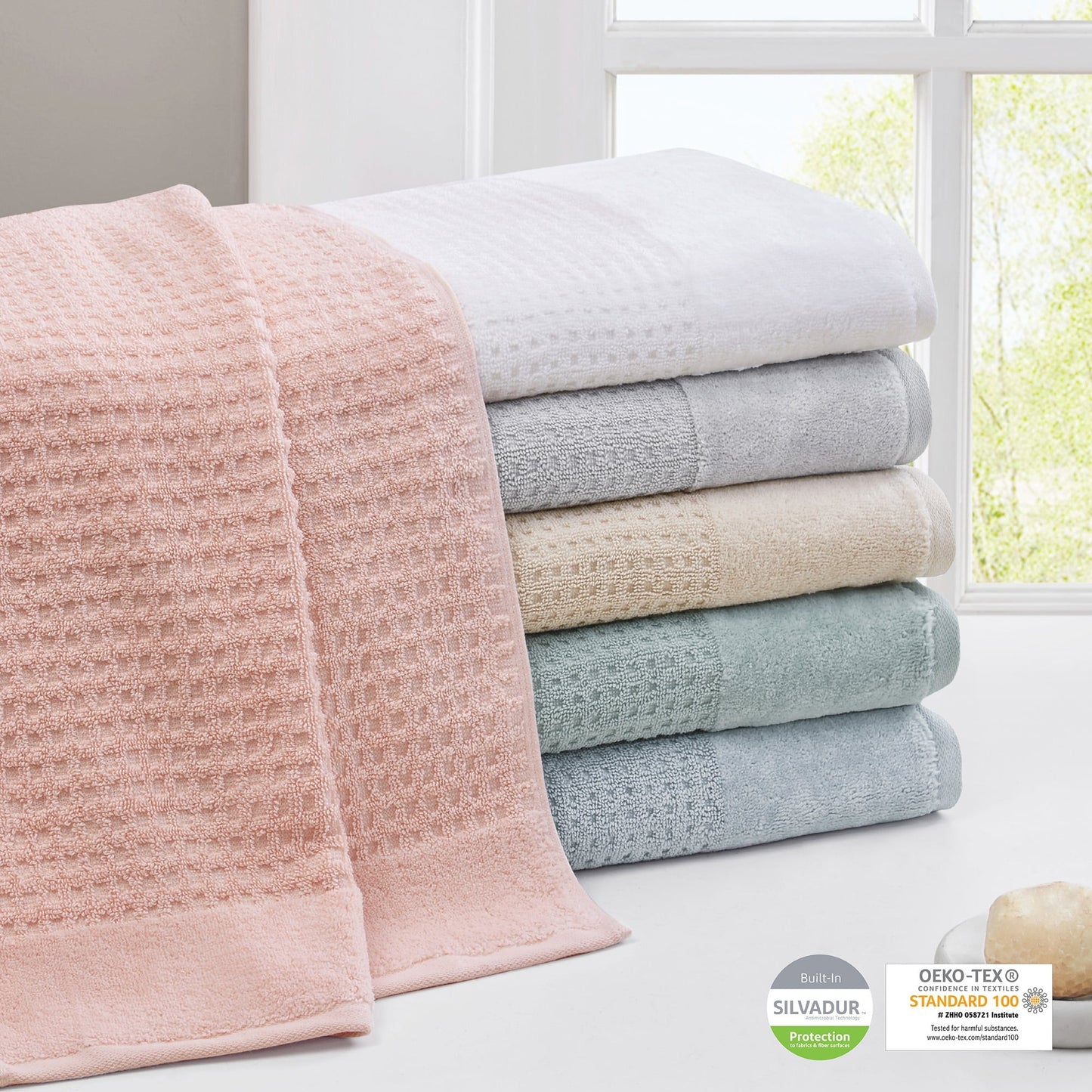 Set di 6 asciugamani da bagno antimicrobici in cotone a nido d'ape Madison Park Spa, jacquard e tessuto a nido d'ape