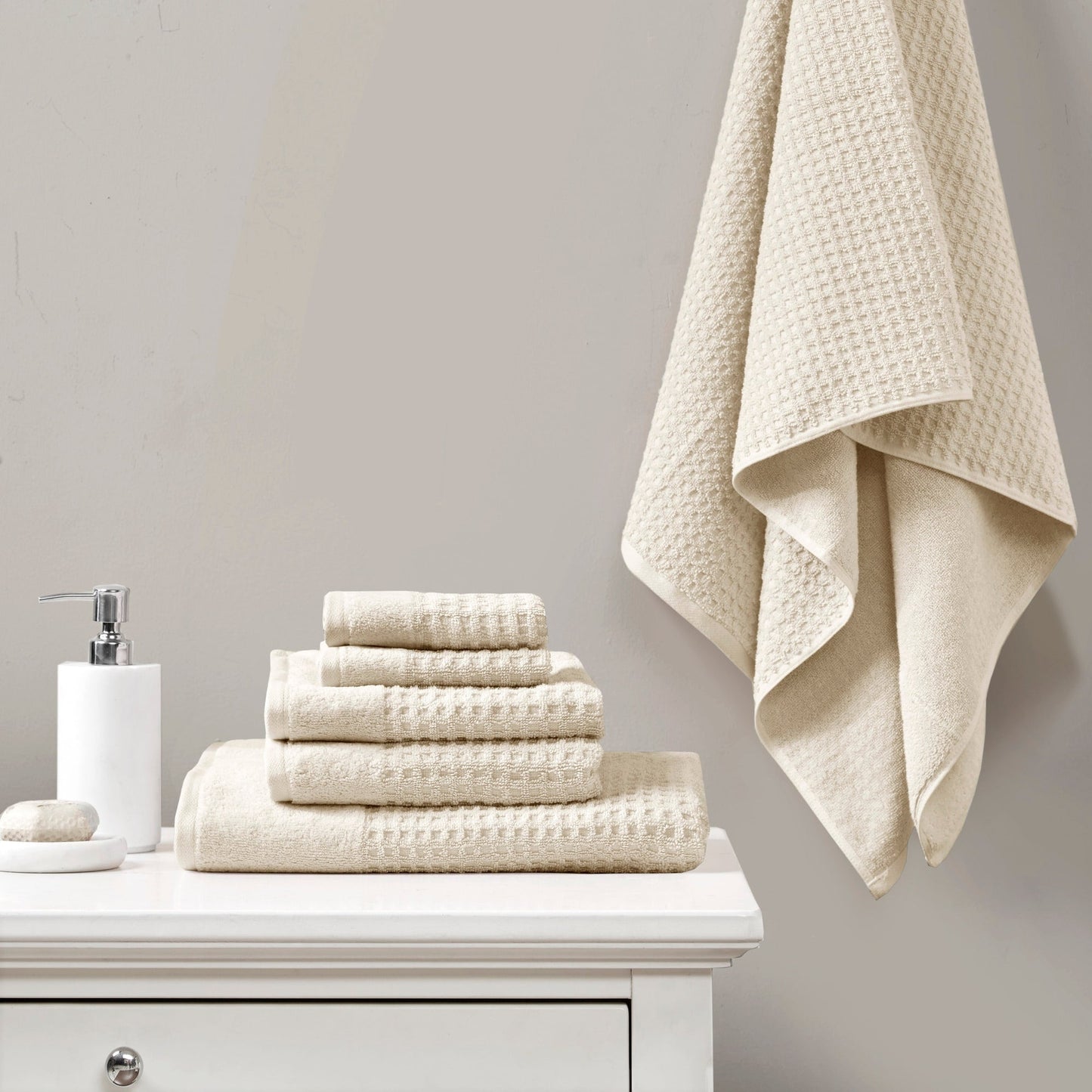 Set di 6 asciugamani da bagno antimicrobici in cotone a nido d'ape Madison Park Spa, jacquard e tessuto a nido d'ape