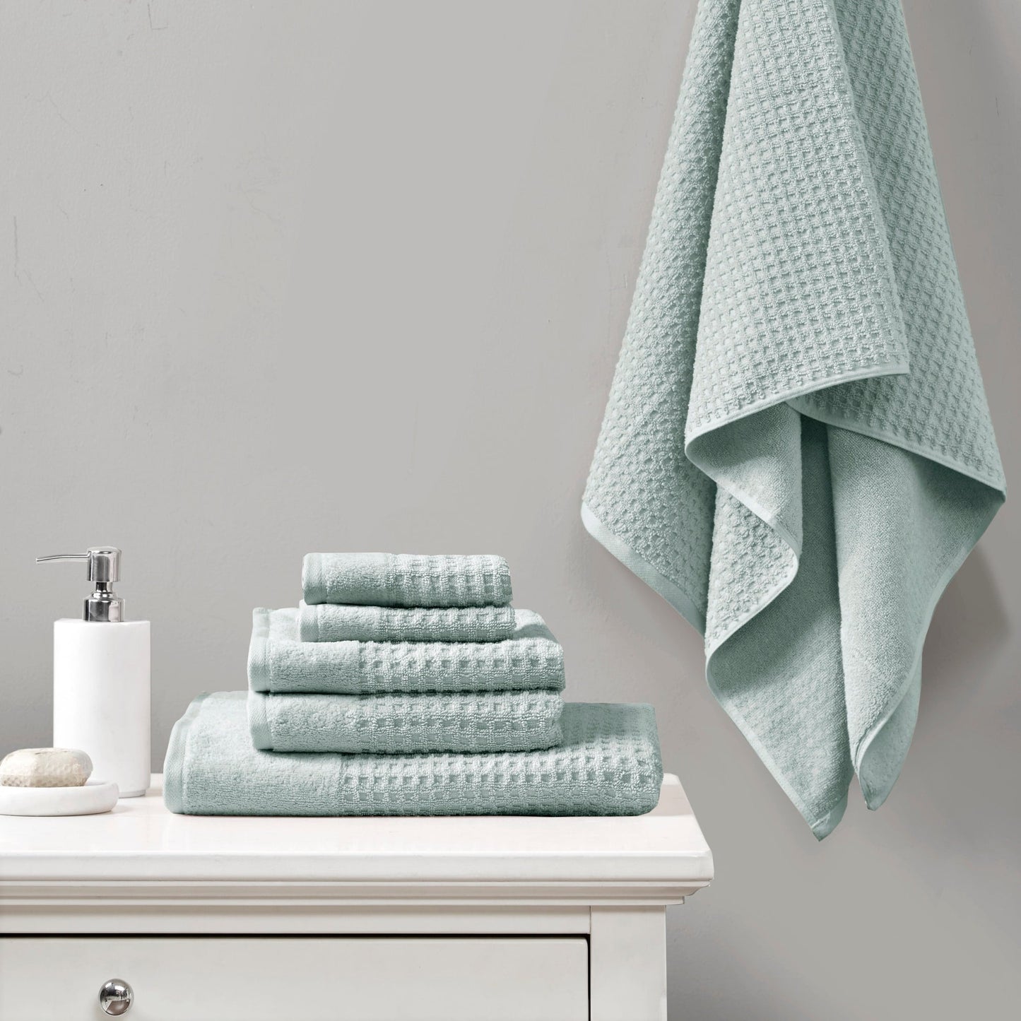 Set di 6 asciugamani da bagno antimicrobici in cotone a nido d'ape Madison Park Spa, jacquard e tessuto a nido d'ape