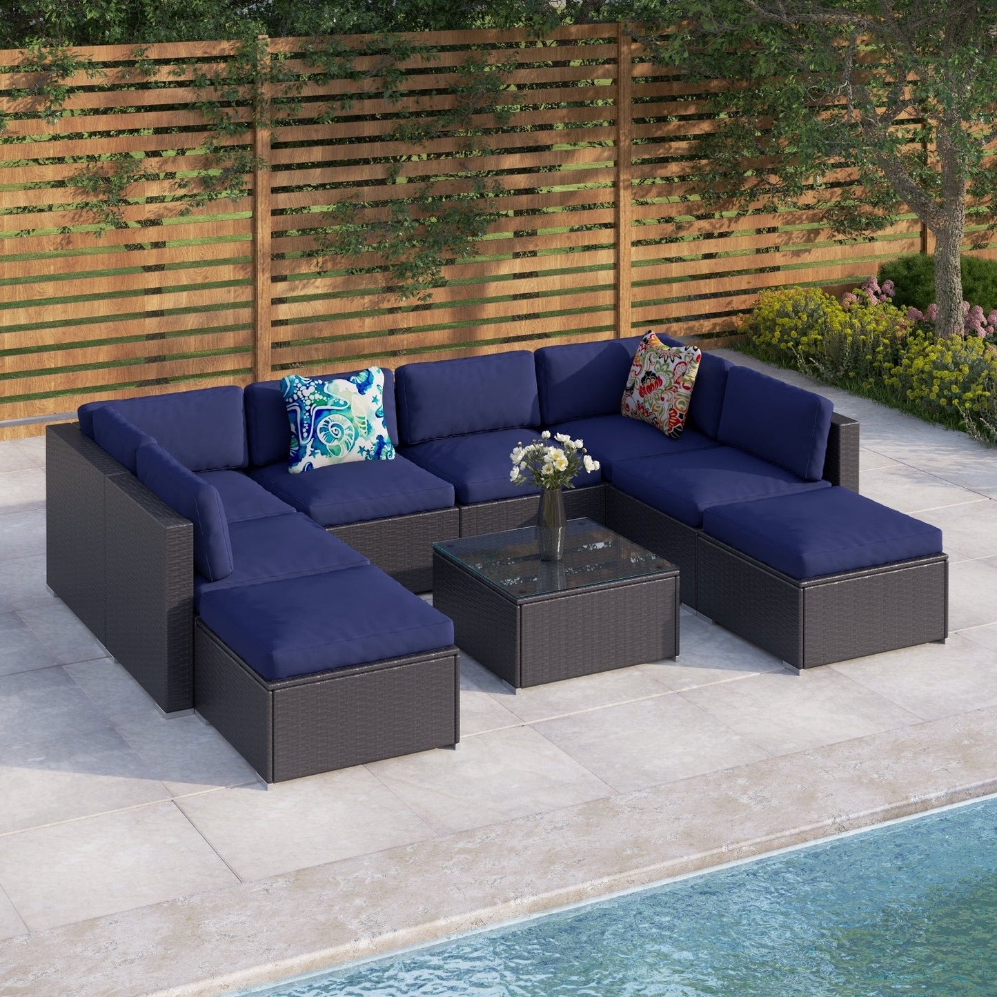 Set di divani componibili da giardino in vimini e rattan, 9 pezzi - Set da 9 pezzi