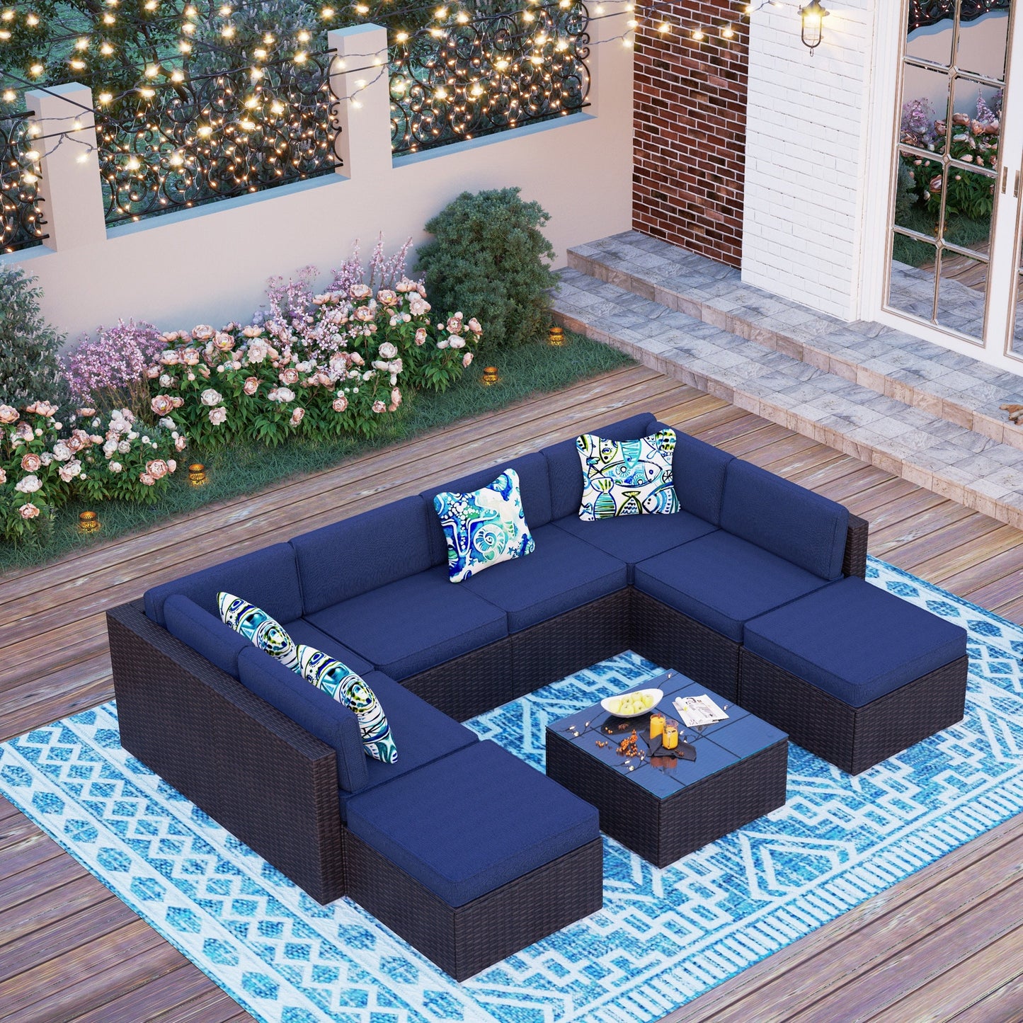 Set di divani componibili da giardino in vimini e rattan, 9 pezzi - Set da 9 pezzi