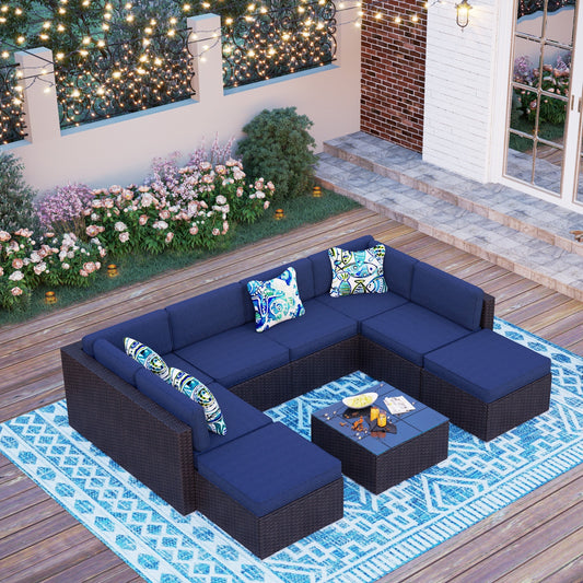 Set di divani componibili da giardino in vimini e rattan, 9 pezzi - Set da 9 pezzi