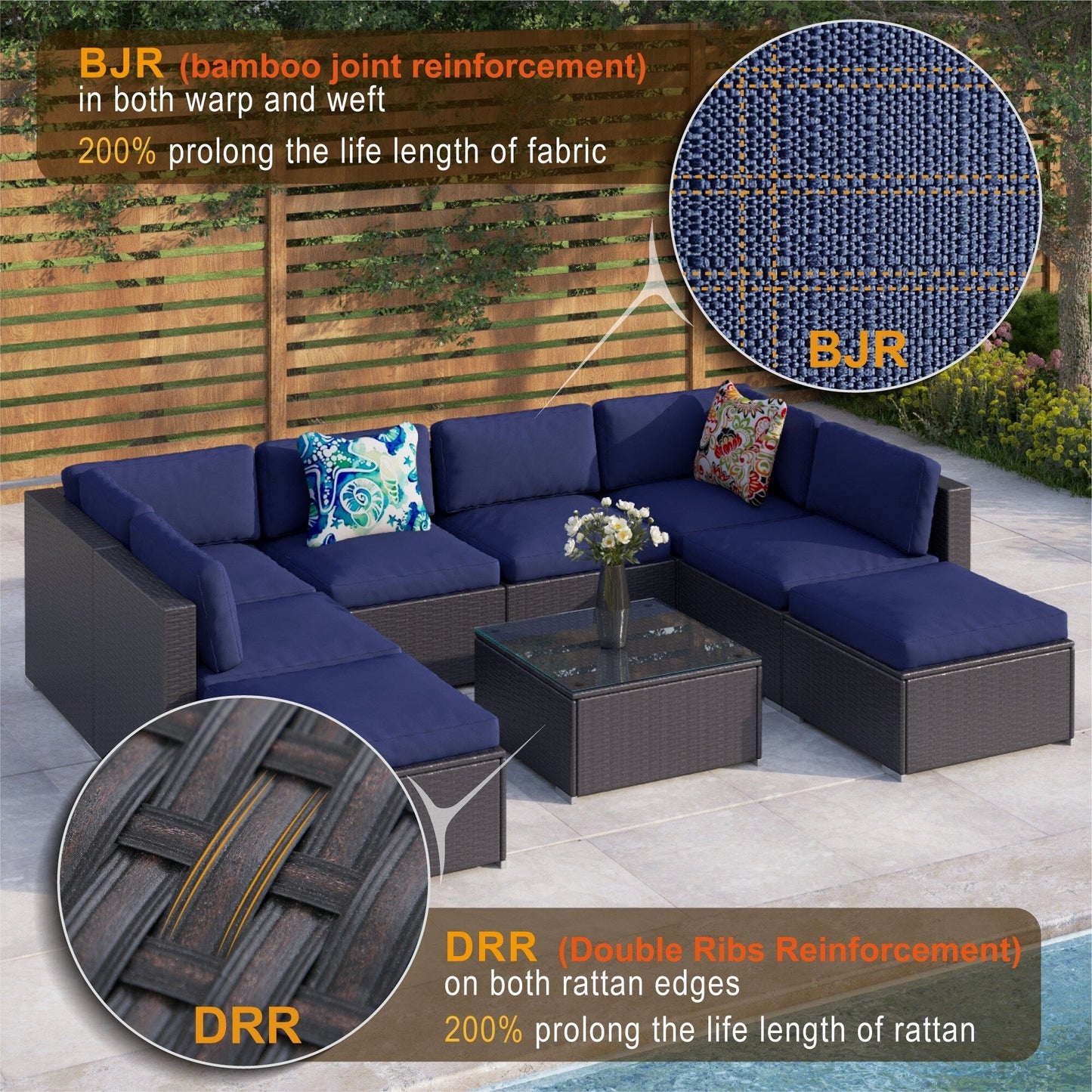 Set di divani componibili da giardino in vimini e rattan, 9 pezzi - Set da 9 pezzi